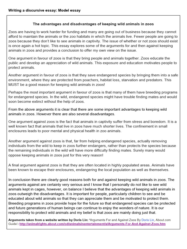 Model Essay The Advantages and Disadvantages of Keeping Wild Animals in