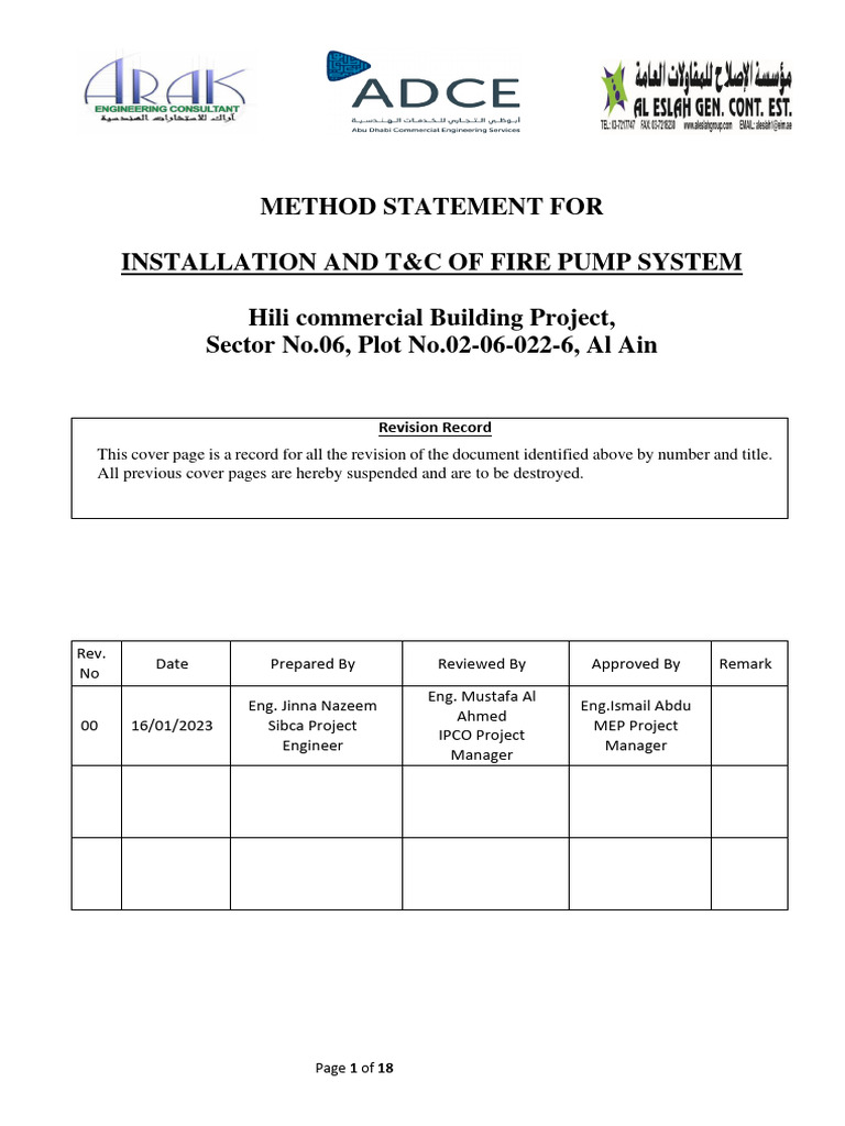 Fire Pump System Installation Method Statement | PDF | Pump | Valve