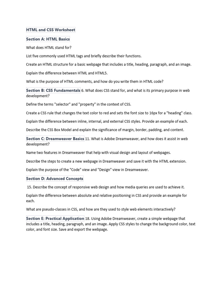 HTML and CSS Worksheet | PDF