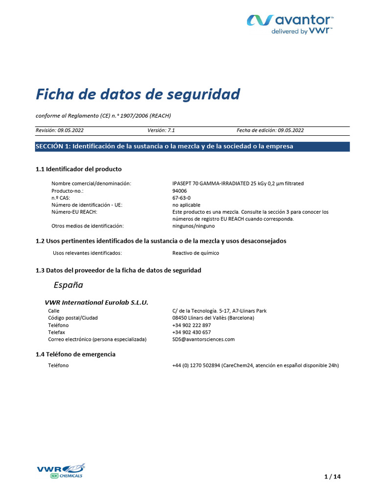 Propanol JT Baker Avantor 05 - 2022 | PDF | Agua | Química