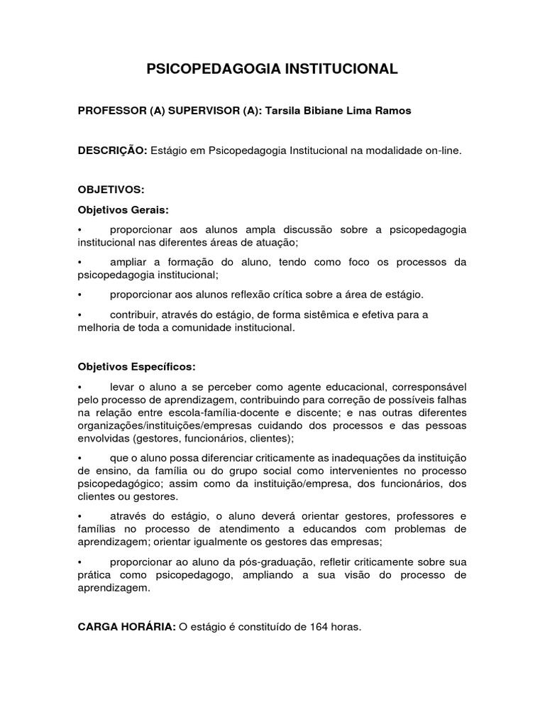 Estágio em Psicopedagogia Institucional | PDF | Carreira e Crescimento