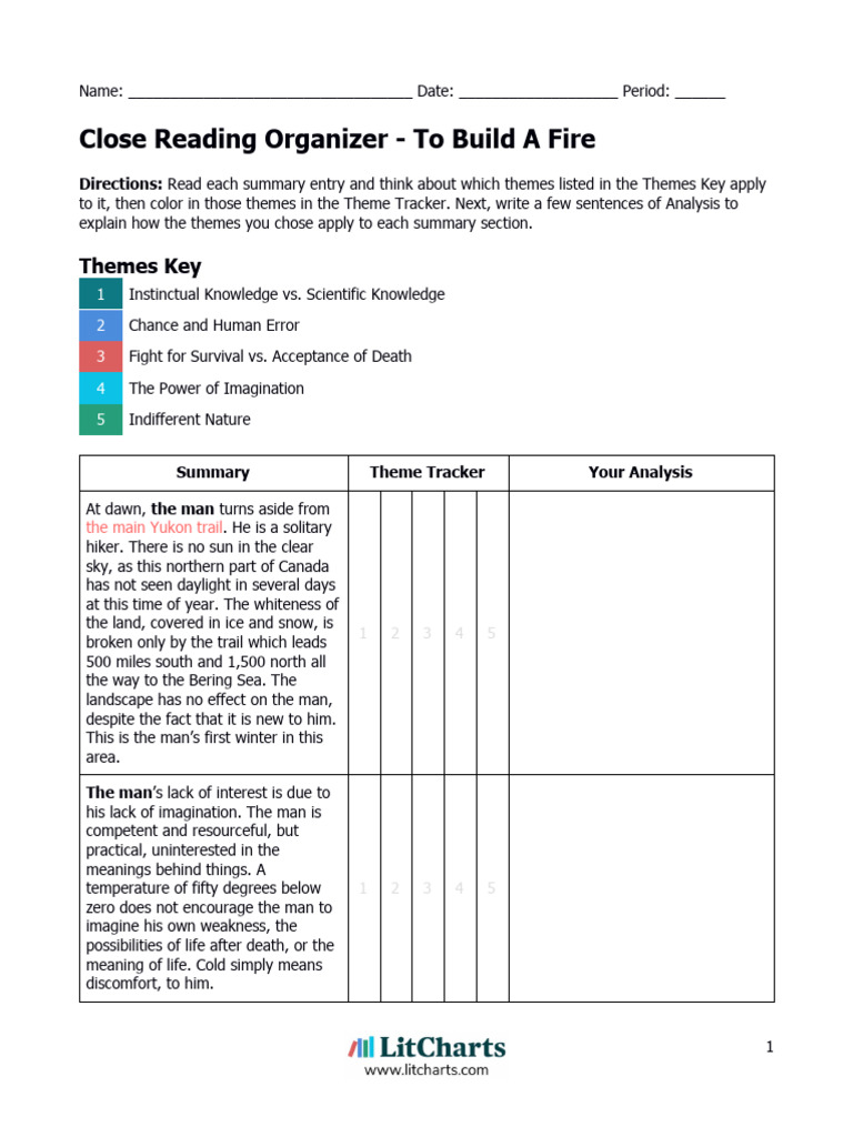 To Build A Fire Reading Organizer PDF Ice Snow