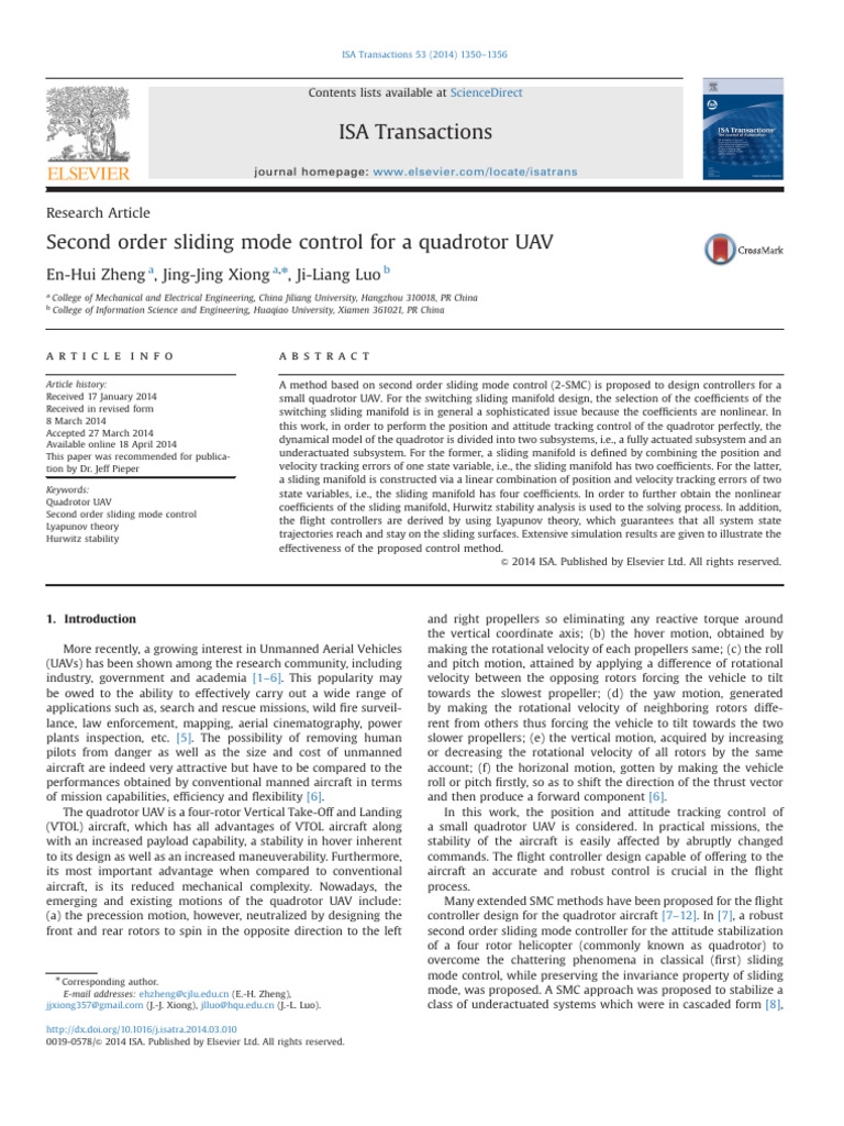 Second Order Sliding Mode Control for Quadrotors | PDF | Kinematics ...