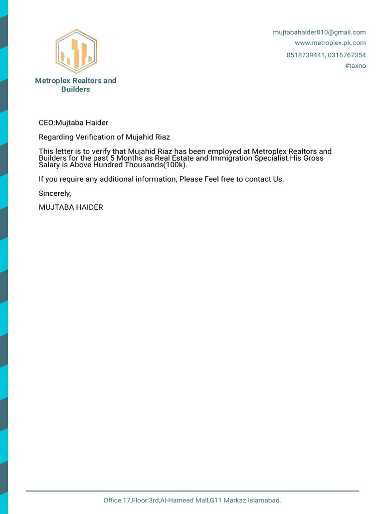Employment Verification for Mujahid Riaz | PDF | Law