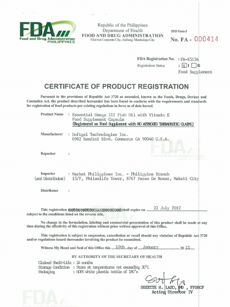 FDA Certificate of Product Registration | PDF | Food And Drug ...