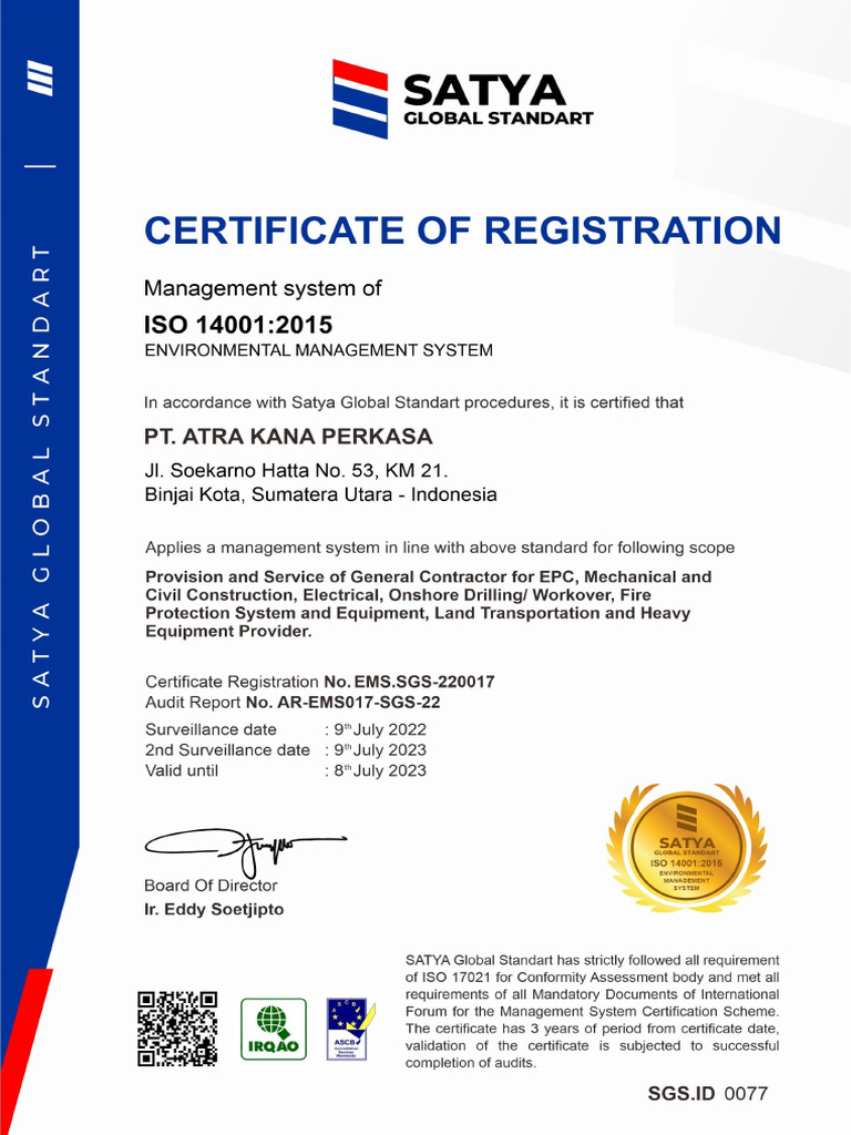 Certificate Iso - Ems - Pt. Atra Kana Perkasa | PDF