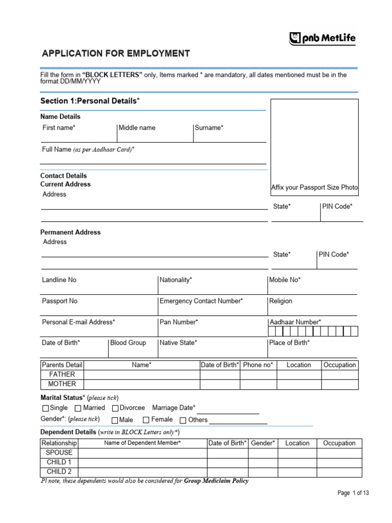 PNB MetLife Employment Application Form | PDF | Employment | Recruitment