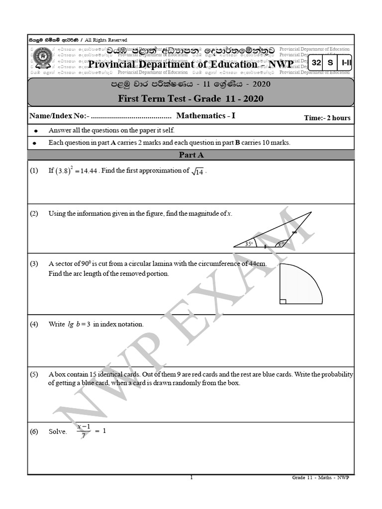 Grade 11 Maths Test Paper - NWP 2020 | PDF | Circle | Euclid