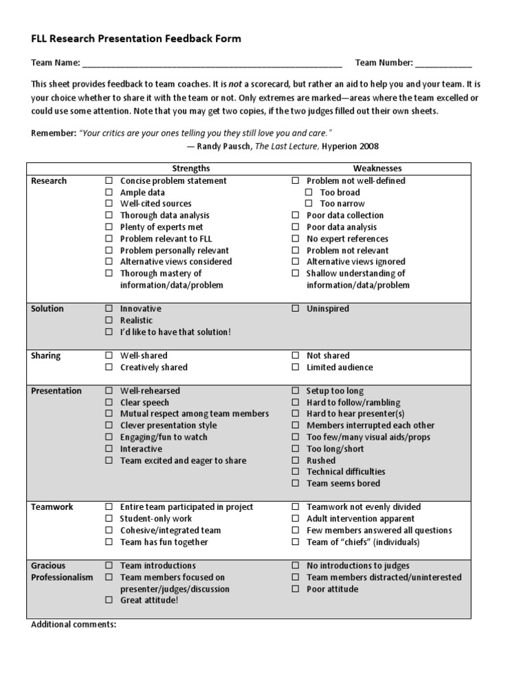 FLL Research Presentation Feedback Form | PDF
