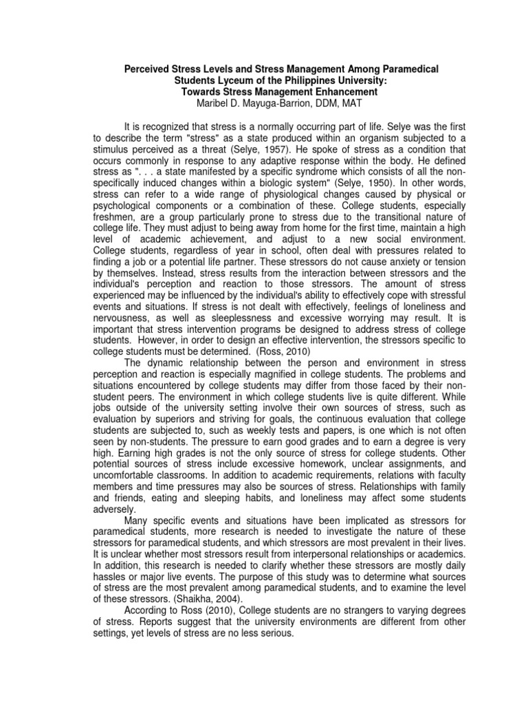 Perceived Stress Levels And Management A Pdf Stress Biology Anxiety