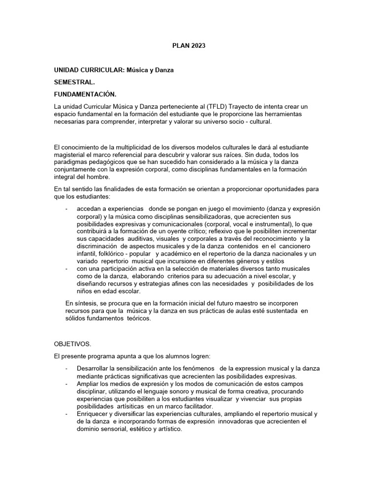 Plan Curricular Música y Danza 2023 | PDF | Bailes | Plan de estudios