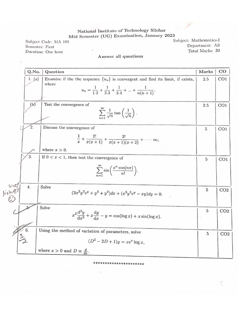 Mathematics-I Mid Semester Exam Solutions | PDF