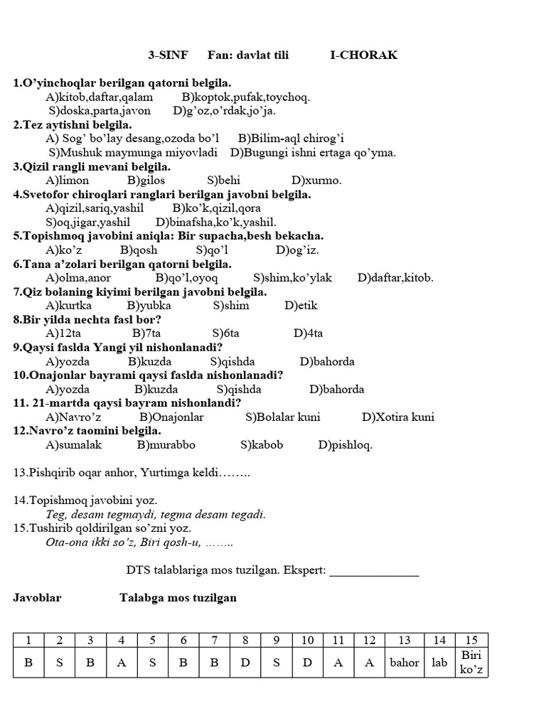 3-Sinf 1-2-3-4-Chorak Test | PDF