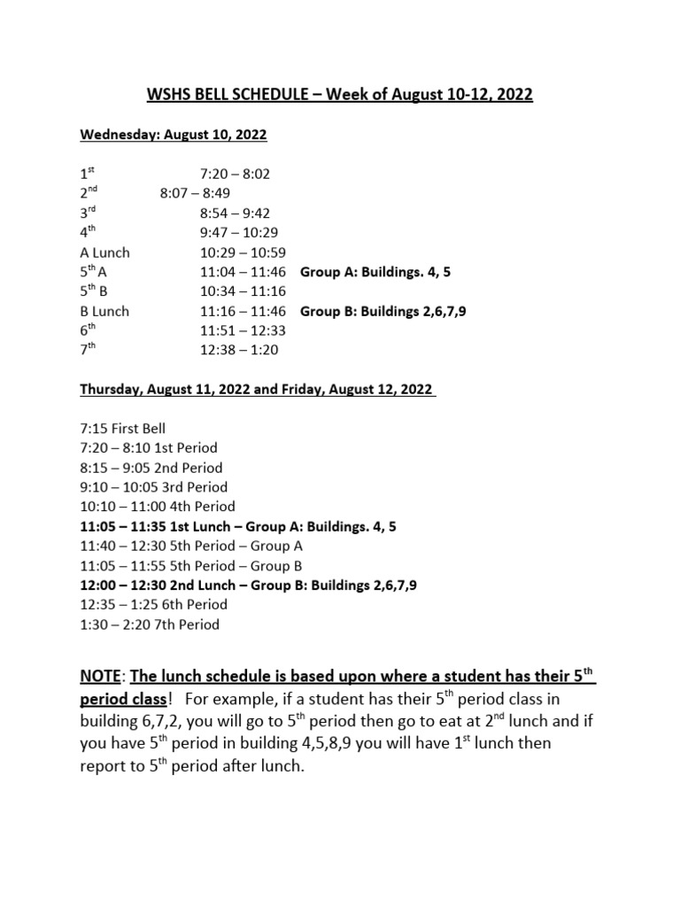 WSHS BELL SCHEDULE Aug 10-12 | PDF