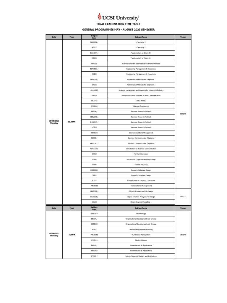 2023 Semester Exam Schedule Overview | PDF