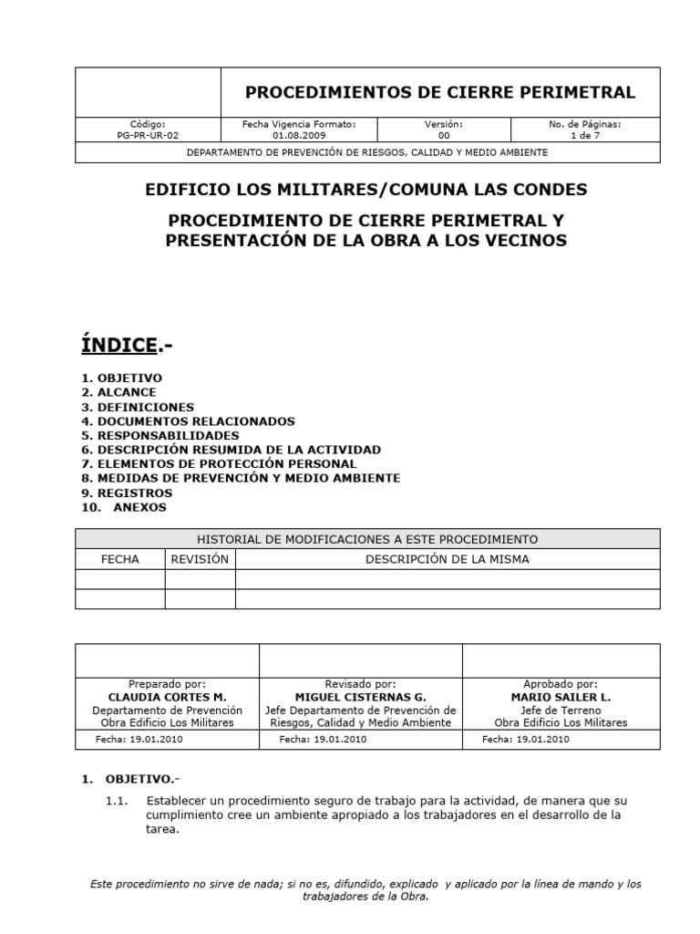 Procedimiento de Cierre Perimetral en Obras | PDF