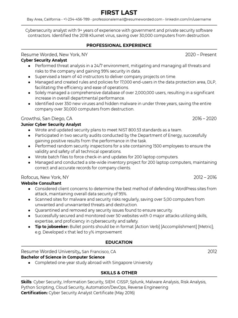 Cybersecurity Analyst Resume Example | PDF | Security | Computer Security