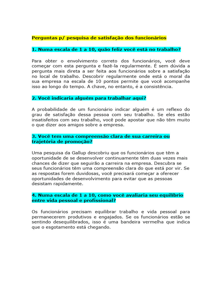 Sugestão De Perguntas Para A Pesquisa De Satisfação Interna Pdf