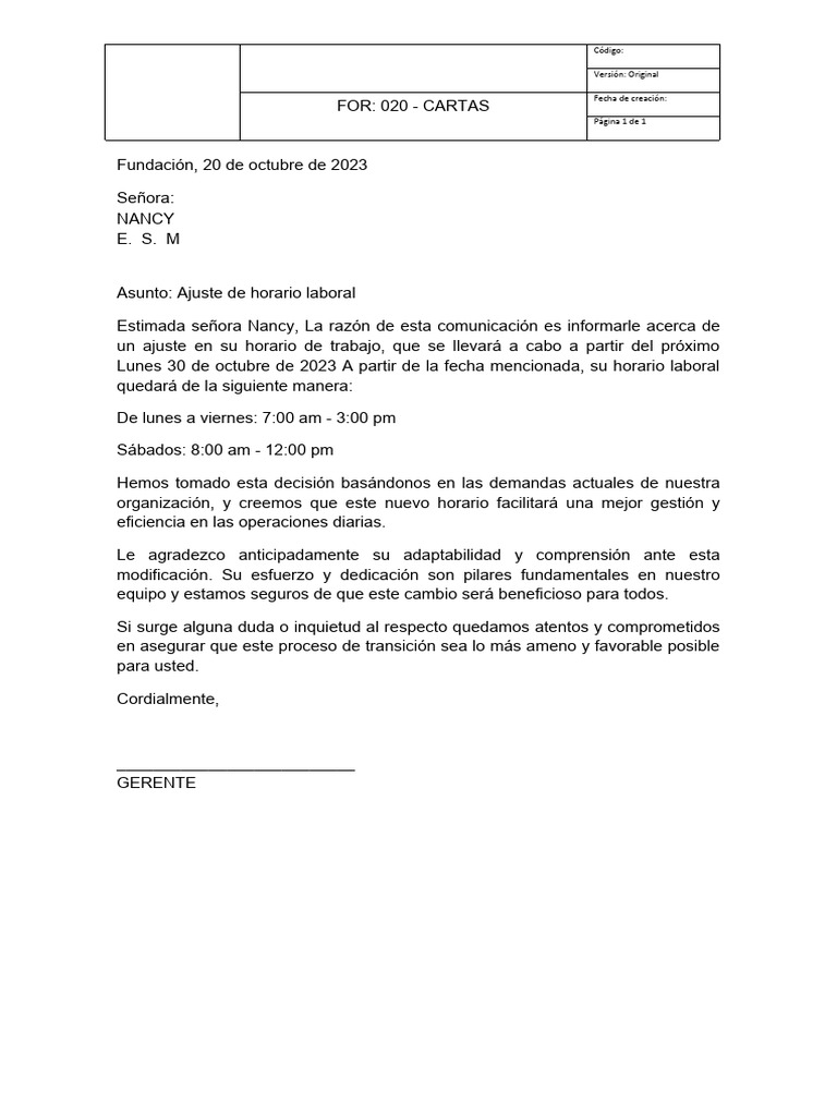 Carta Ajuste De Horario Laboral PDF