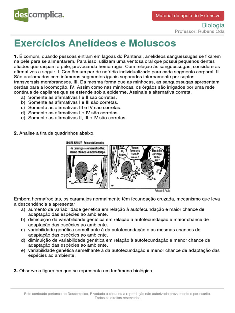 Materialdeapoioextensivo Biologia Exercicios Anelideos Moluscos | PDF ...