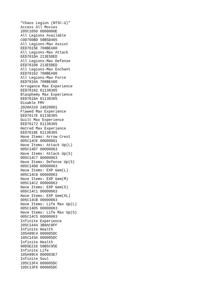 Chaos Legion NTSC-U Cheat Codes | PDF | Games & Activities