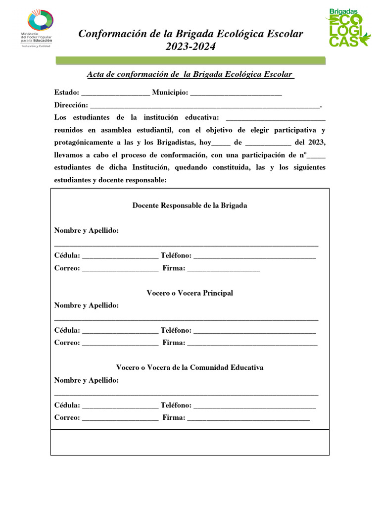 Actas de Conformaciòn de La Brigada Ecologica Escolar Niveles y ...