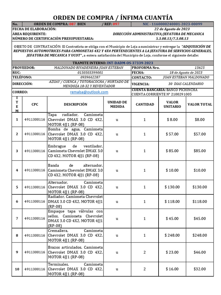 Orden de Compra 087 | PDF | Presupuesto | Ingeniería mecánica