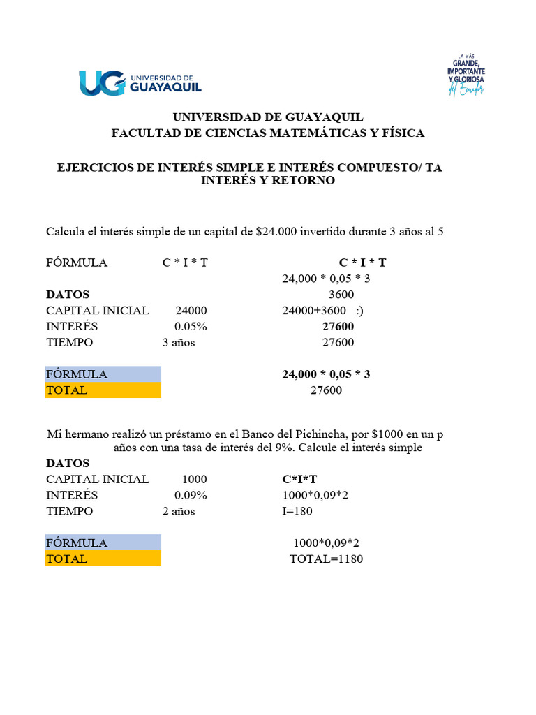 Ejercicios de Interés Simple y Compuesto | PDF | Interés compuesto ...