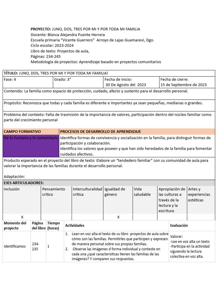 Proyecto Familiar para Tercer Grado | PDF | Aprendizaje