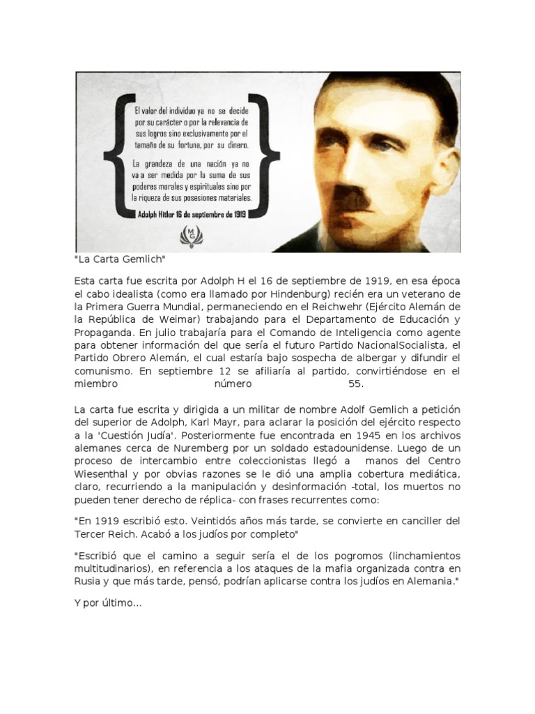 La Carta de Hitler a Adolf Gemlich | PDF | Alemania nazi | Nación