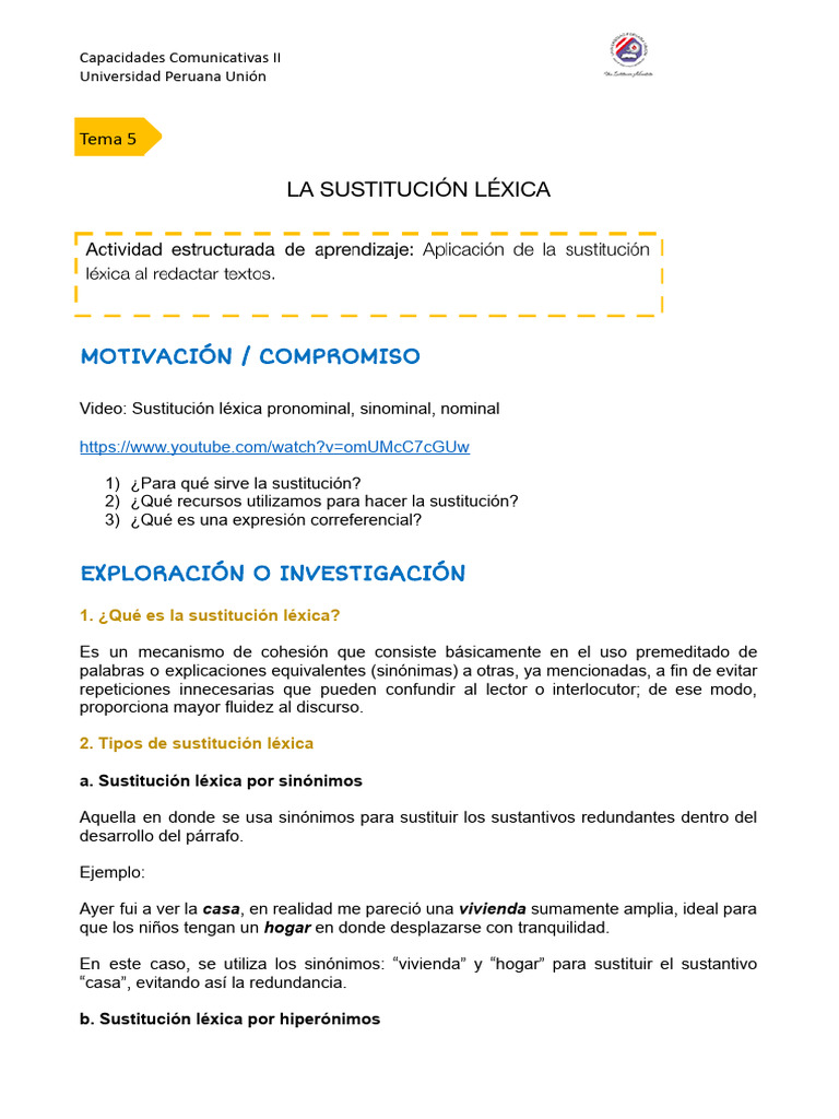 Ejemplos de Sustitución Léxica | PDF | Artes del Lenguaje y ...