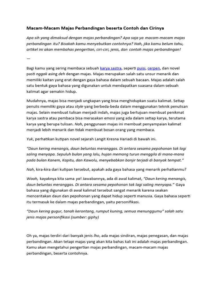 Majas Perbandingan: Pengertian dan Contoh | PDF