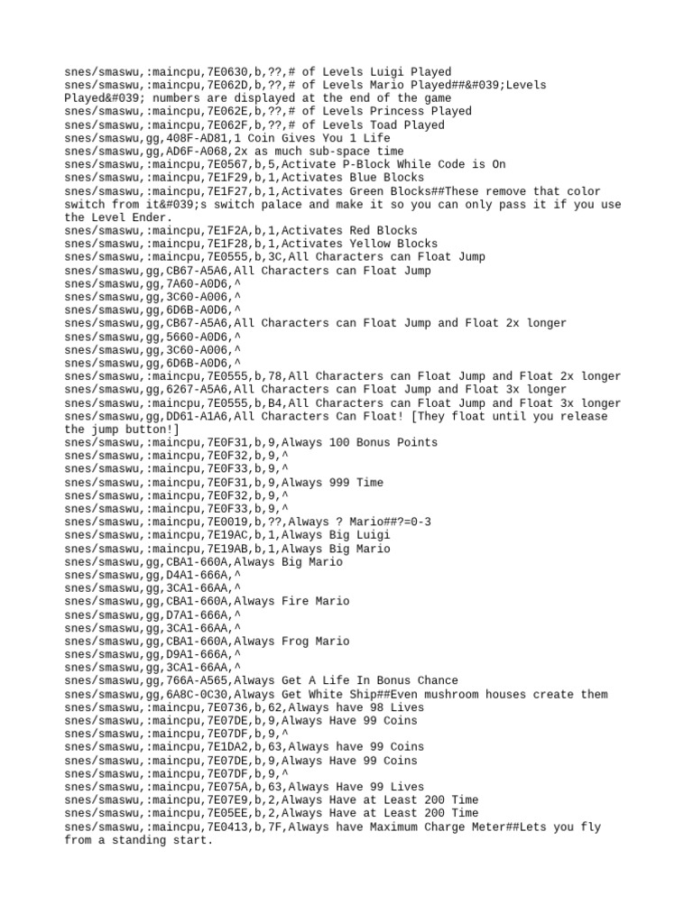 Super Mario World Cheat Codes Guide PDF Video Games Nintendo