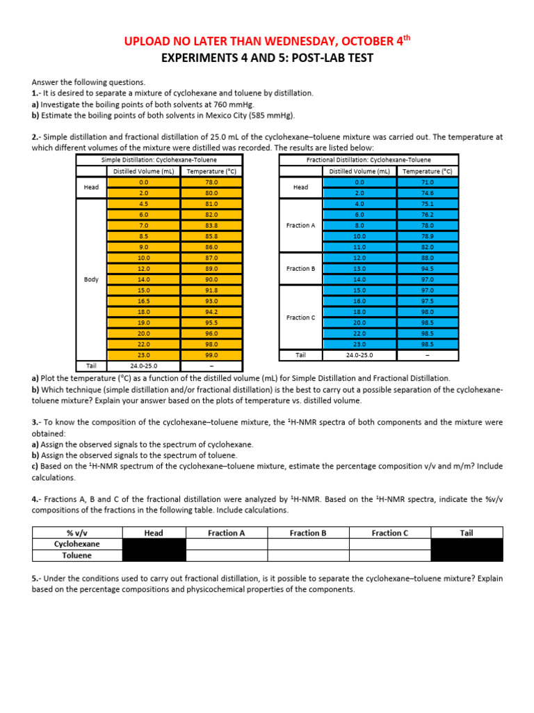 Experiments 4 and 5 PostLab Test and Questions PDF Distillation Physical Chemistry