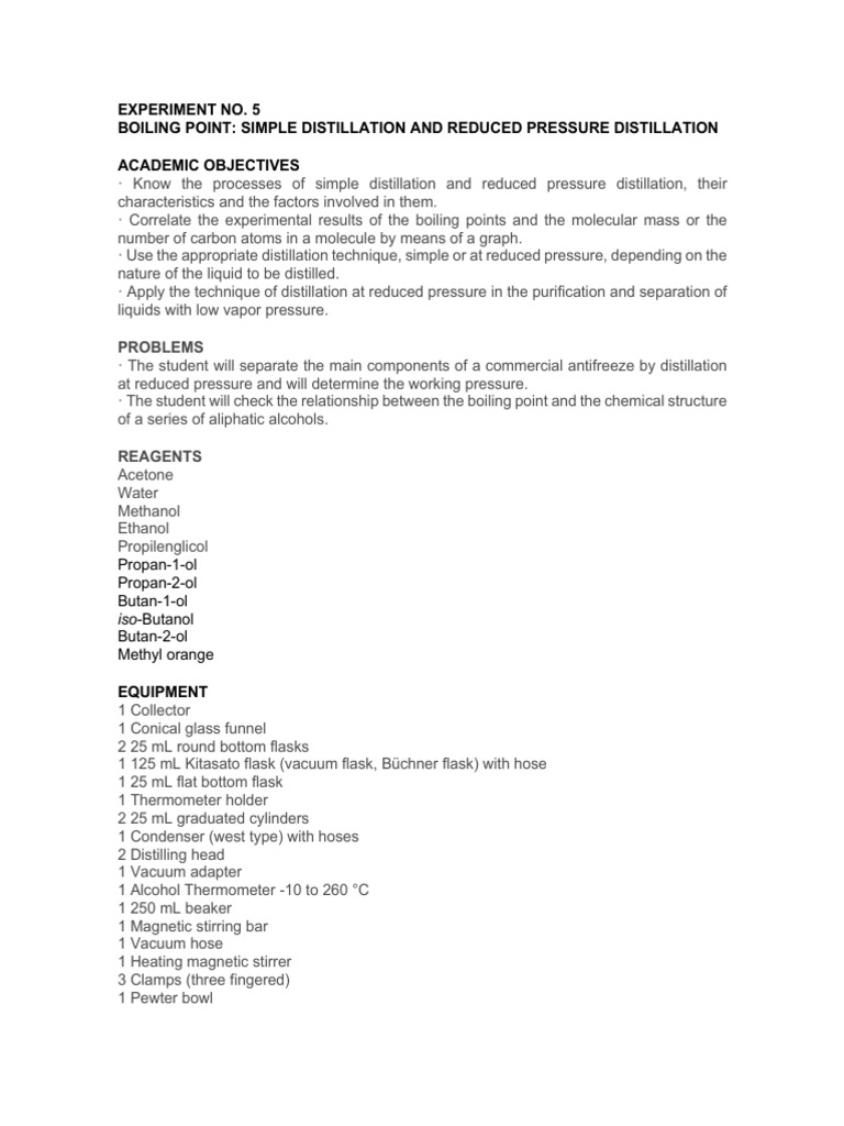 Experiment 5 Boiling Point Simple Distillation and Reduced Pressure
