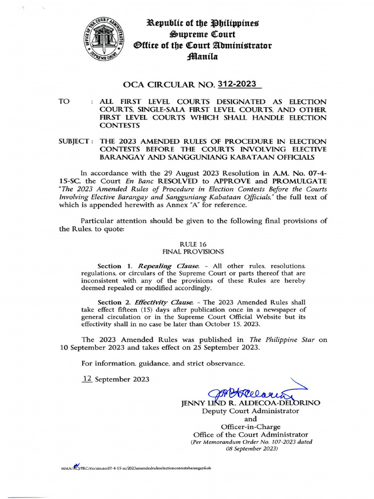OCA Circular No 312 2023 Resolving Election Protests SK Barangay