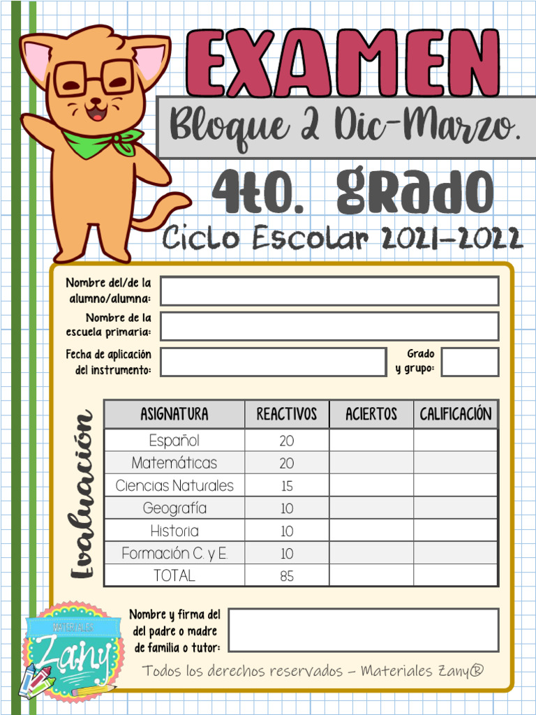 Materiales Zany 21 - 22 - Examen de Cuarto Grado - Bloque 2 | PDF | Verbo