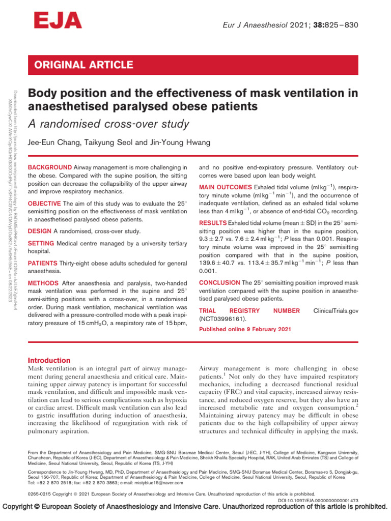 Body Position and Effectiveness of Masked Ventilation PDF Breathing