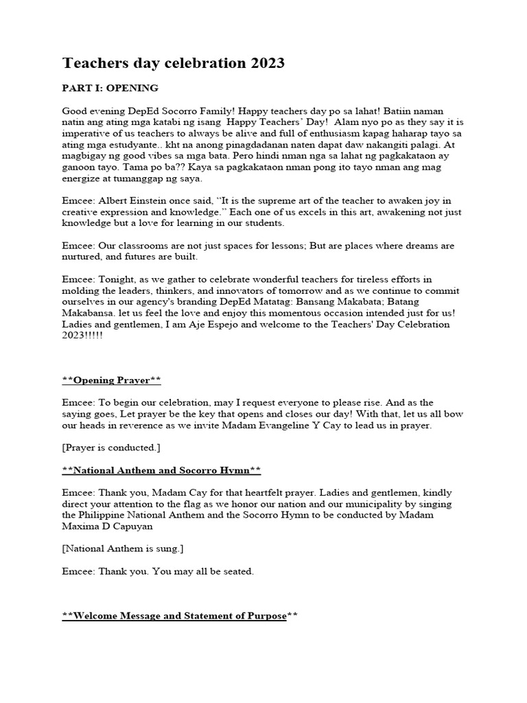 Sample Program For Teachers Day Celebration Pdf Deped