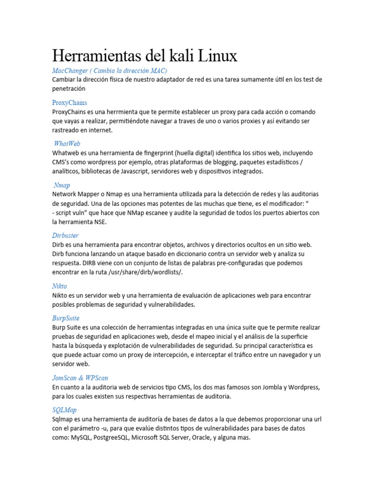 Herramientas Del Kali Linux | PDF | Contraseña | Red mundial