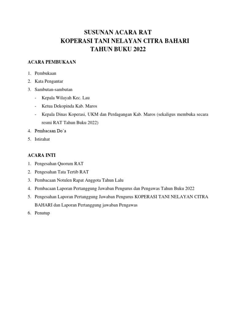 Susunan Acara RAT Koperasi 2022 | PDF