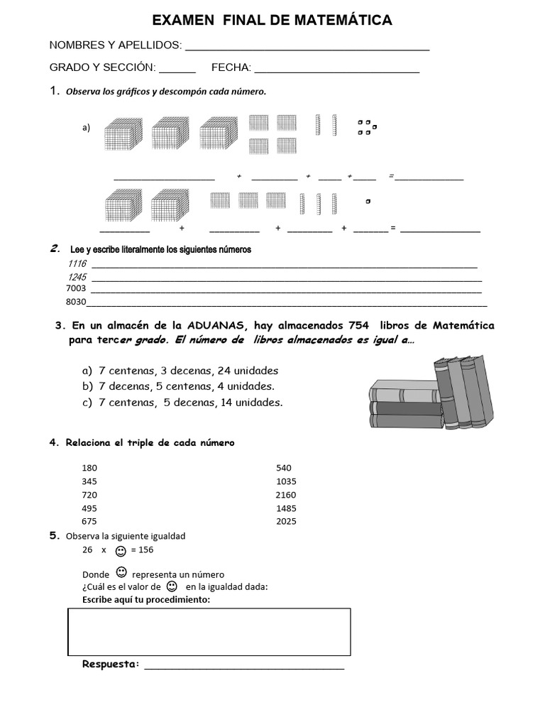 Examen Final de Matemática para Tercer Grado | PDF