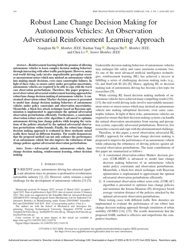 Robust Lane Change Decision Making For Autonomous Vehicles An ...