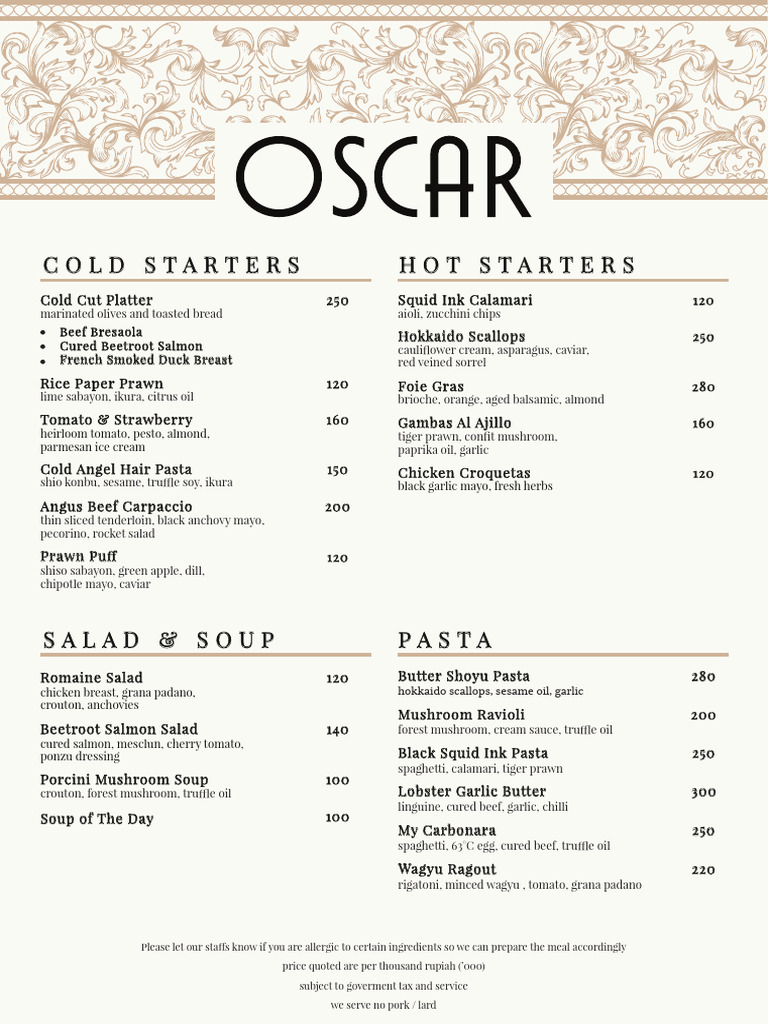 Oscar's Restaurant Menu Overview | PDF