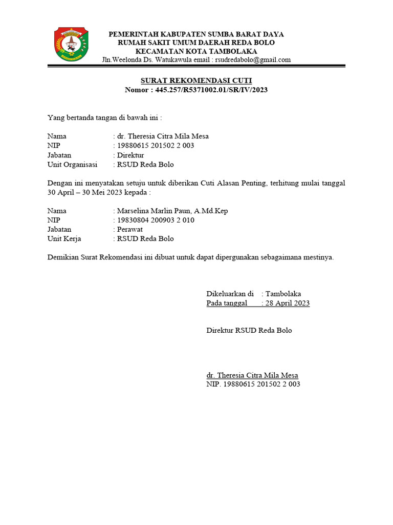 Surat Rekomendasi Cuti 2023 Pdf