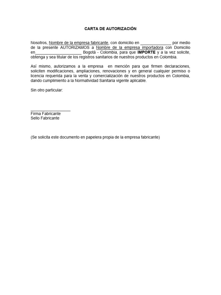 Carta de Autorización para Importación en Colombia | PDF | Finanzas y ...