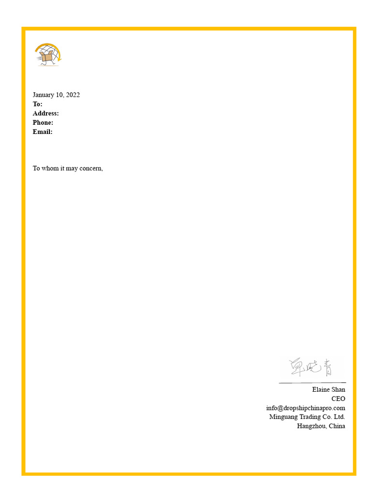 Letter Template Minguang Trading Co. LTD | PDF