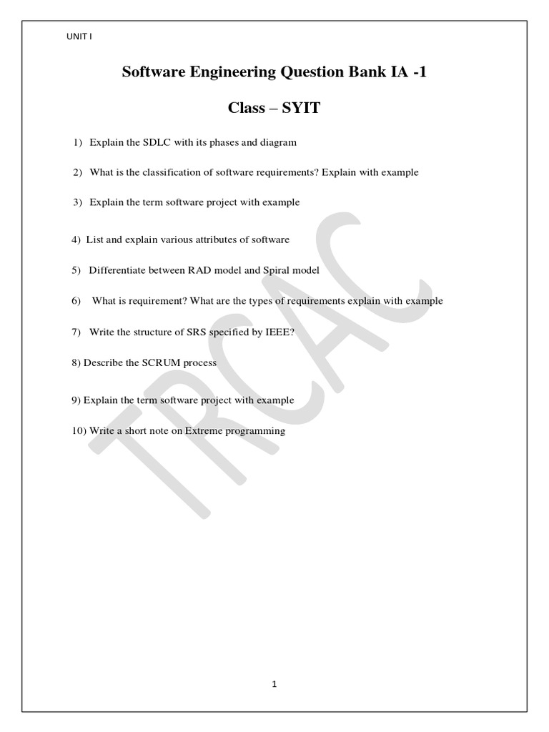Software Engineering Question Bank IA 1 PDF