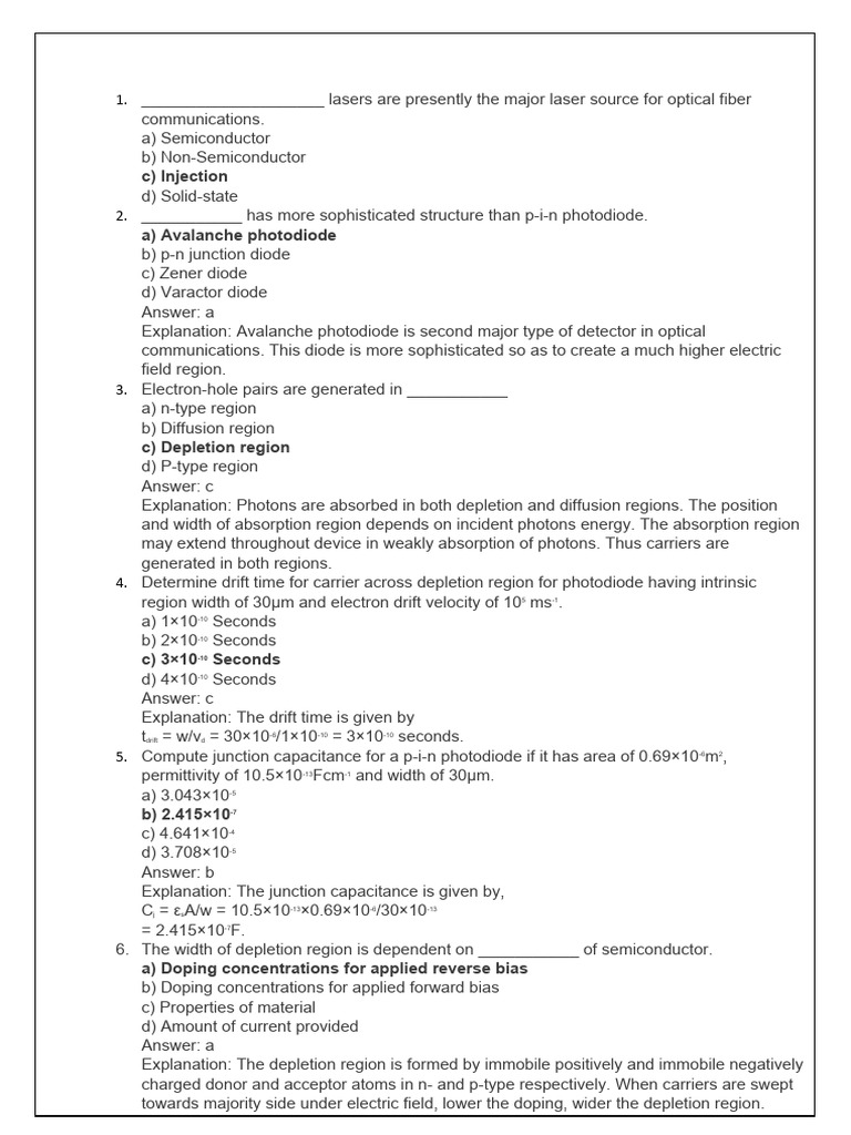 MCQ Int 2 PDF PN Junction Wavelength Division Multiplexing