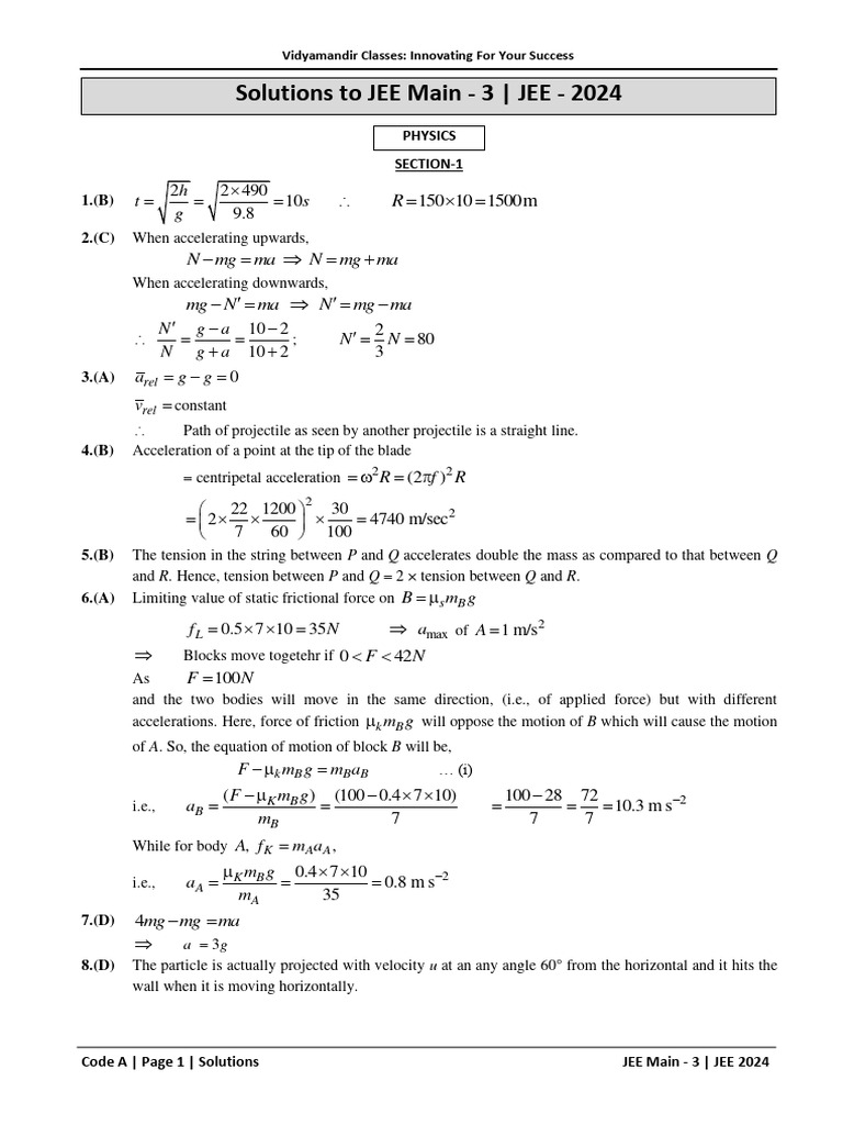 JEE Main 3 JEE 2024 Solutions PDF Atomic Physics Applied